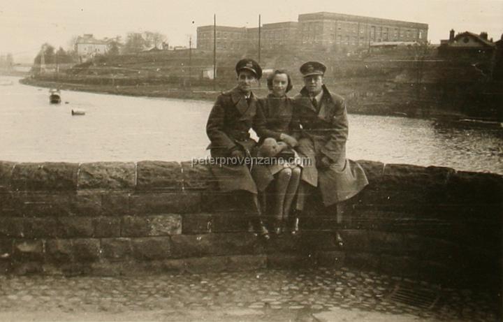 Peter Provenzano Photo Album Image_copy_012.jpg - From left to right: Peter Provenzano, Connie (last name unkown), and Victor Bono (probably taken in front of the River Dee). Fall of 1940.